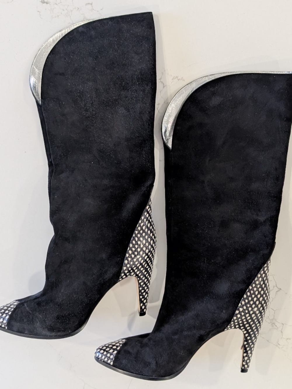 Givenchy Black Suede Snake Effect Knee High Boots Size 37.5 Italy Metallic Trim